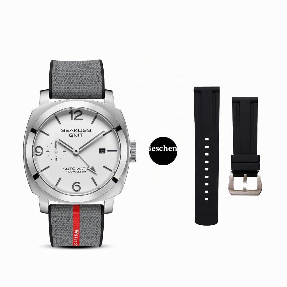 SEAKOSS GMT Uhren für Herren, automatisch, 45 mm, Datum, 10 ATM, wasserdicht, Möwe, ST2557, leuchtendes Edelstahl-Saphirglas, mechanische Armbanduhr, S8441