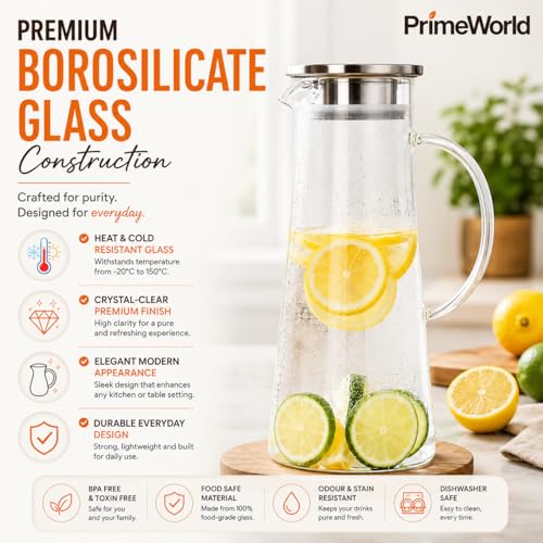 Image of PrimeWorld 1 pc 1.5 Litre Borosilicate Glass jug with Lid Stainless Stell Air Tight Water Pitchers with Handle for Fridge,Carafe for Hot /Cold Drink,Iced Tea, Coffee,Juice,Milk,Beverage