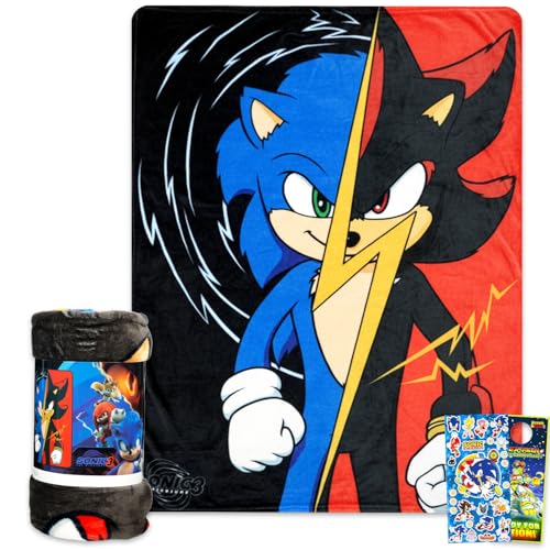 Sonic The Hedgehog Fleece Blanket Set - Bundle with Video Game Soft Blanket Plus Stickers More for Kids Adults Teens | Cozy Sonic and Shadow Throw Blanket 45 x 60