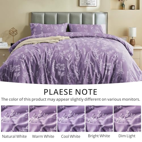MUXHOMO Duvet Cover Queen Size, Reversible Floral Grayish Purple Duvet Cover Set with Zipper Closure, 3 Pieces Botanical Patterns Soft Microfiber Bedding Set with 4 Ties (90"x90", 2 Pillow Cases)