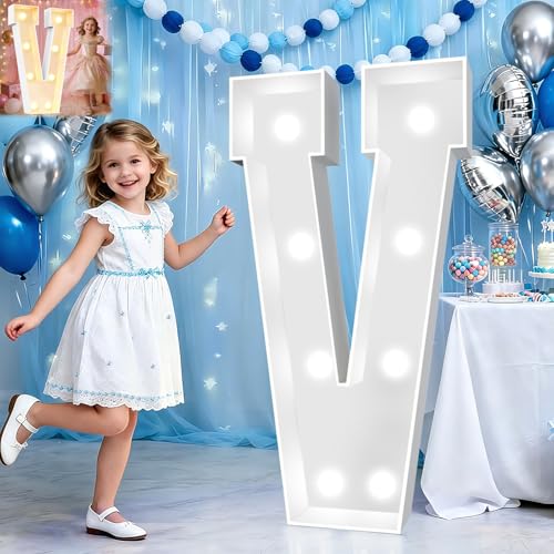 Image of Pooqla 3FT Marquee Light Up Letters, Cool White and Warm White LED Big Mosaic Marquee Letters 3 Feet, Giant Letter Sign for Balloons Birthday Anniversary Wedding Party Decoration, Letter V