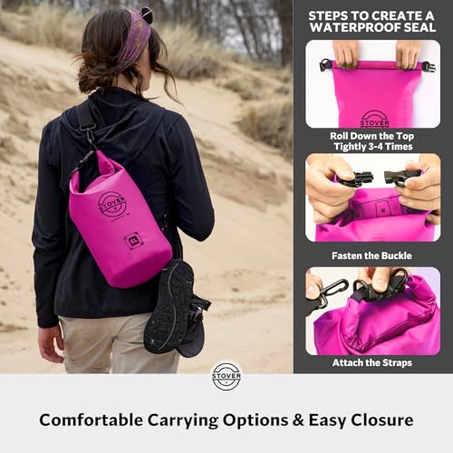 Image of STOVER 5 /10 /25 /30 /40L Waterproof Dry Bag, Small Lightweight Roll Top Dry Bag Backpack w /Waterproof Phone Case, Kayaking, Travel, Hiking, Fishing, Tubing, Camping, the Beach, Men /Women (Pink)