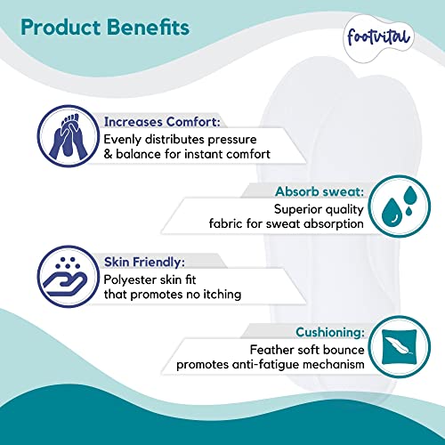 Image of Footvital Memory Foam Shoe Insoles for Men and Women | Soft Cushioned Inserts for Long Standing and Walking | Supports Heel and Arch | Shock Absorbing | Moisture Absorbing | Lightweight Washable Insoles for All Shoes | 2 Pairs | Blue | Size 9