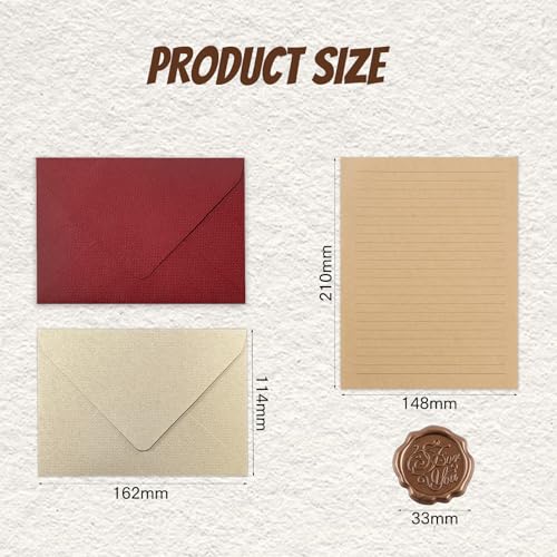 Vintage Briefpapier mit Umschlag, Briefpapier Set mit 16 A5 Altes Papier, 6 Vintage-Papier Umschläge, 6 Wachssiegel-Aufkleber, Schreibpapier Set, Büttenpapier Schreiben Antik Briefumschläge