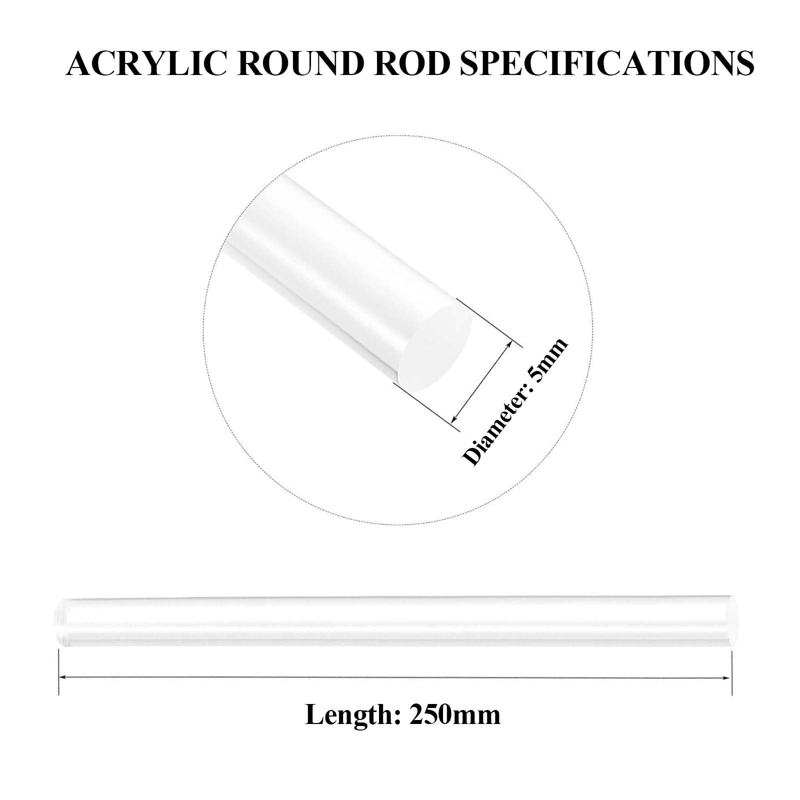 IBOWZ Acryl Rundstab, 100 Stück Vollstäbe, Länge 250 mm, durchsichtige Acryl-Rundstäbe, Durchmesser 2–5 mm, geeignet für Heimwerker, Bastelarbeiten, Partydekorationen, Gartenarbeit, Durchmesser 5 mm
