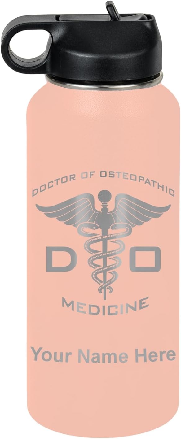 LaserGram Personalized Water Bottle, DO Doctor of Osteopathic Medicine, Stainless Steel Double Wall Vacuum Insulated with Flip Top Straw, Custom Engraved Gift (32oz / 950ml Coral)