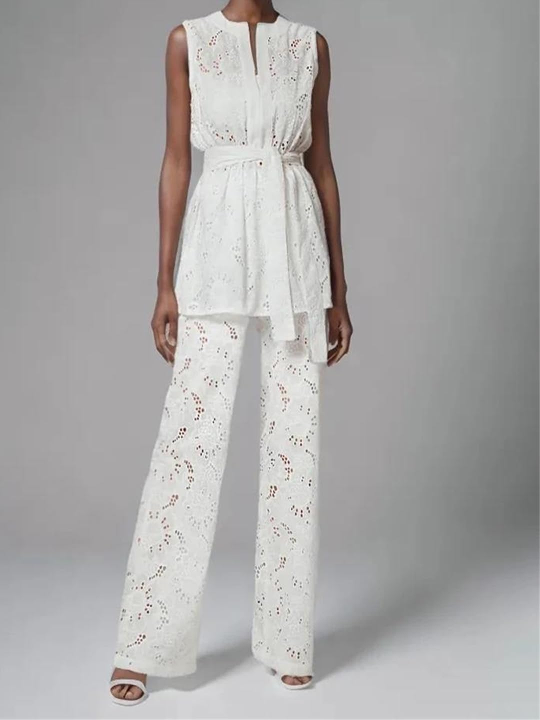 Hollow Out Two Piece Set For Women Round Neck Sleeveless Spliced Lace Up Vest High Waist Wide Leg Pants Sets