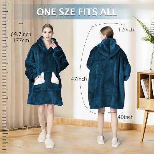 Touchat Wearable Blanket Hoodie, Oversized Sherpa Blanket Sweatshirt with Hood Pocket and Sleeves, Gifts Hooded Blanket for Adult Women Men (Dusty Blue)