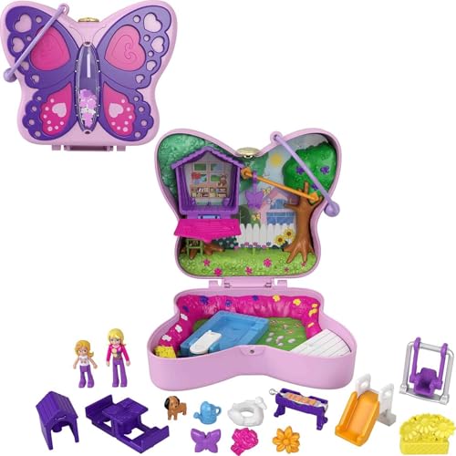 Polly Pocket GTN21 - Schmetterlingsgarten-Schatulle, 2 kleine Puppen, 5 Überraschungen, 13 Zubehörteile, Pop + Swap-Funktion, Spielzeug ab 4 Jahren