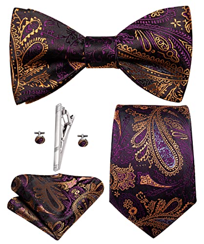 Image of Hi-Tie Mens Purple Gold Paisley Tie Selftie Bowties Silk Necktie Bow Tie Pocket Square Cufflinks Tie Clip 5Pcs Set Tuxedo Suit
