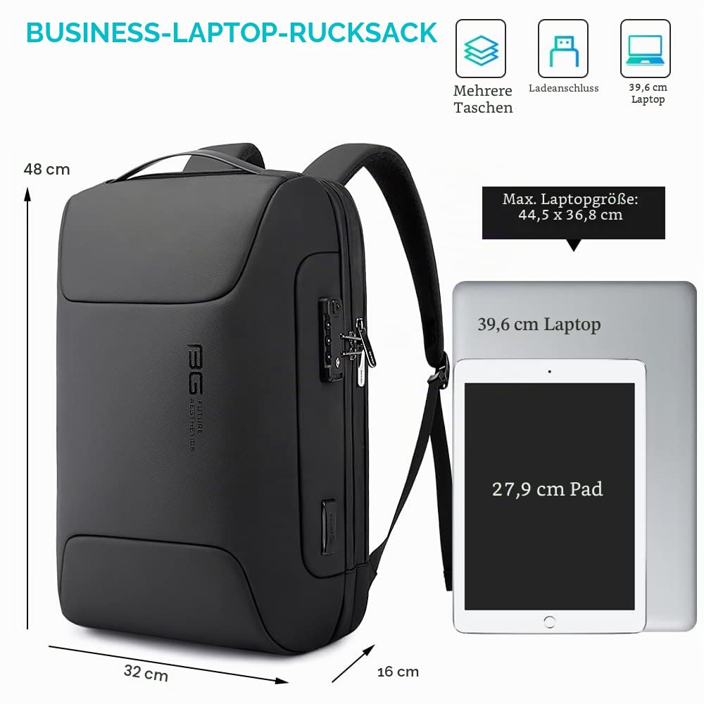 BANGE Anti-Diebstahl-Rucksack mit USB-Ladeanschluss, leichter Business-Rucksack für Damen und Herren, Schwarz (Upgrade) All