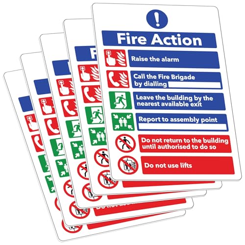 RDLCAR Fire Action Notice Signs 1mm Rigid Plastic Pack of 5 Essential Fire Safety Signage for Businesses and Public Spaces 200mm x 300mm Weatherproof Design