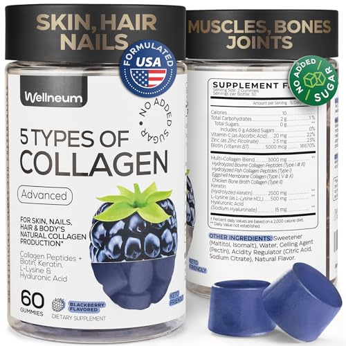 Wellneum Collagen Peptides Gummies Sugar Free, 3000mg Multi Collagen Blend + 2500mg Keratin + 5000mcg Biotin, with Vitamin C, Zinc & Hyaluronic Acid, Non-GMO, 60 Gummies (30 Servings)