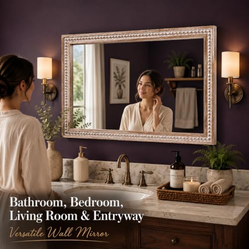 Image of Wooden Bathroom Wall Mirror, 36x24x1.25 inch Solid Wooden frame, White Antique | Rustic Solid Wood Vanity Mirror, Farmhouse Decorative Mirror for Home, Vertical & Horizontal Hanging, Wood Finish