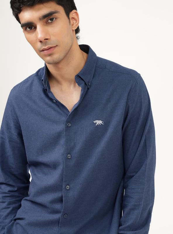 Image of Andamen Men Premium Button-Down Collar Solid Cotton Casual Shirt Navy