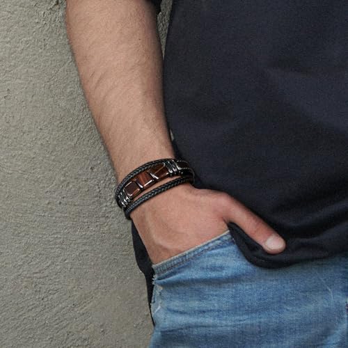STARCHENIE Multi Strand Bracelet for Men Square Authentic Tiger Eye Black Braided Leather Mens Bracelet and Stainless Steel Buckle2
