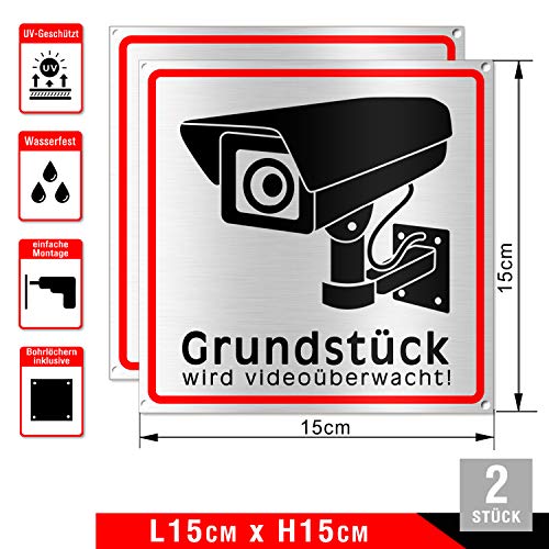 TK THERMALKING Achtung Videoüberwachung Schild - Hinweisschild - Warnschild für Kameraüberwachung - Gebürstetes Aluminium - 15x15 cm - Metall (2 STK.)