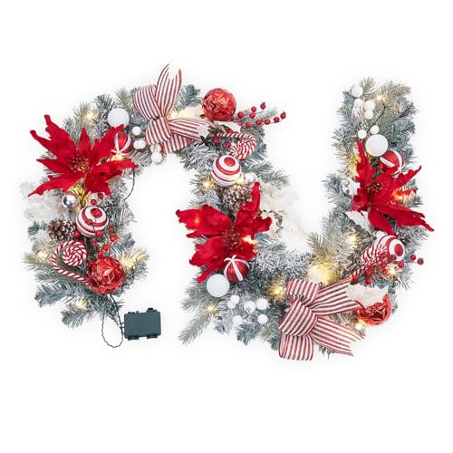 GarveeHome 6 Ft Pre-Lit Christmas Garland with Lights, Battery Operated Xmas Garland with 20 Lights Ball Ornaments Ribbons Bows for Mantle Table Centerpiece Indoor Outdoor Home Decor, Red and White