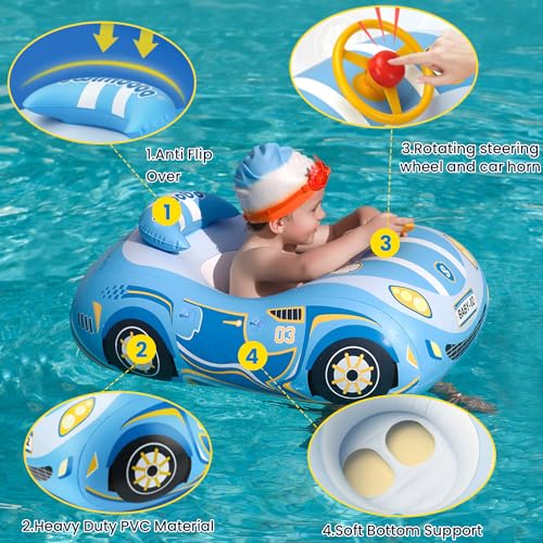 Baby Float with Canopy 3D Car Thick PVC Inflatable Baby Swim Pool Floats Seat Boat with Sun Shade Cover and Steering Wheel Baby Swim Floatie for Kids Infant Toddler Age 1-4 Years Old Girls Boys