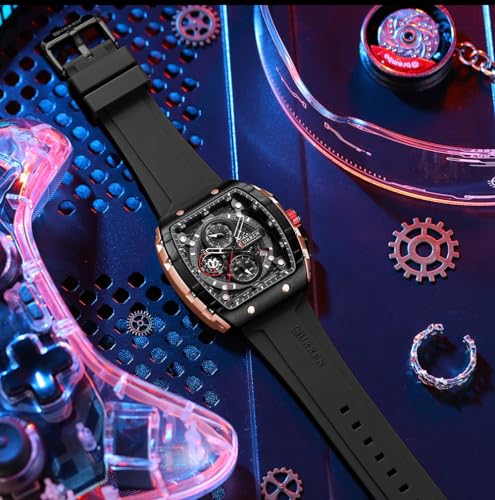 Image of PASOY Luxury Chronograph Watches for Mens Rubber Strap Black Waterproof Date Analog Quartz Watch