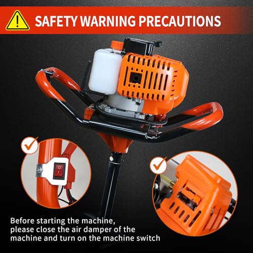 62cc Post Hole Digger 2-Stroke Petrol Gas Powered Earth Digger with 3 Auger Bits (3" 5" 8") + 3 Extension Bar (24" 24" 24") for Farm Garden Plant Fence and Planting