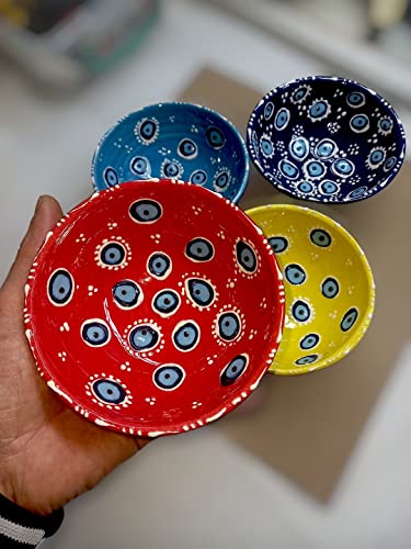 New Model Eye Eye Patterned Custom Design 4 Super Colors Round Shaped Hand Painted Ceramic Snack Bowl Decorative Evil Eye Design Cute Set - Pinch Sauce Dip (Red-Yellow-Dark Blue-Light Blue) #TOP3