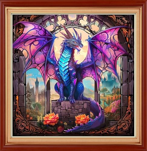Image of Joyhoor Stamped Cross Stitch Kits for Beginners Needlepoint Kits for Adults Embroidery Kits 11CT Counted Cross Stitch Kits Printed Embroidery Pattern-Colorful Wing Dragon 18x18 inch
