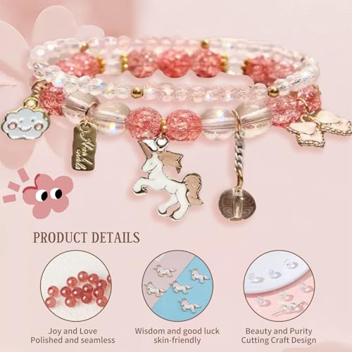 5-13 Year Old Girl Birthday Gifts, 3PCS Cute Unicorn Bracelets Set with Necklace Birthday Bracelets Charm Bracelets Pink Crystal Bead Elastic Bracelets Birthday Christmas Jewelry Present for Daughter Niece Granddaughter Girl2