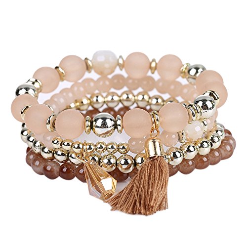 La Cabina Femme Fille Bracelet Bijou de Poignet Bangle en Perles Multicouches avec Pendentif Charmant Symbole Bonne Chance (Marron)