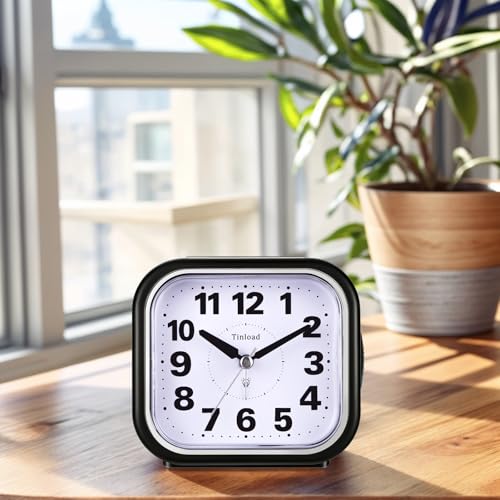 Image of Tinload 4.3 inch No Ticking Analog Alarm Clock,Silent Readable for Seniors,Easy to Set,Gradual Rise Alarm,Big Numbers,On /Off Switch on Side,Gentle Wake,Snooze,Lighted on Demand,Battery Operated,Black