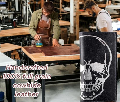 Image of F&L CLASSIC Men's RFID Vintage Look Genuine Leather Long Bifold Wallet Checkbook Wallets,black skull,240-50