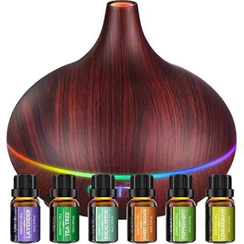 KasaBona Aromatherapy 500ml Essential Oil Diffuser Set with 6 x 10ML Essential Oils, 7 Colors Light, Super Quiet & 4 Timer Setting Modes Electric Oil Diffusers for Large Room Home Office Cover
