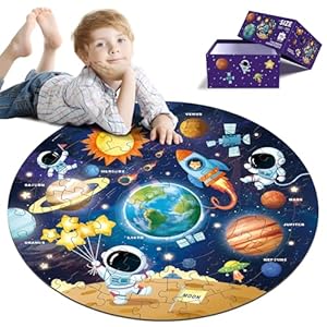 Round Jigsaw Puzzles,Floor Puzzle for Kids,Large 70 Piece Puzzle for Toddler Ages 3-5,Preschool Learning Educational Toy Christmas Birthday Gift for 4-8 Years Old Boy Girl (Solar)