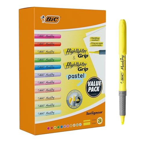 BIC Highlighter Grip Surligneurs Pointe Biseautée - Couleurs Fluo Assorties Intenses et Pastel, Boîte de 24
