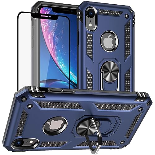 Yiakeng Funda iPhone XR, iPhone XR New Edition Carcasa, con Protector Pantalla Cristal Templado, Silicona Armor Case con Kickstand para iPhone XR Funda (Azul)