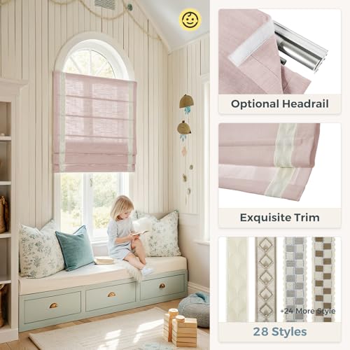 Image of TWOPAGES Liz No Drill Cordless Roman Shades Linen Textured Roman Blinds for Windows, Custom Made Room Darkening Blackout Roman Window Shades, Hardware Included, Pink Lemonade, 1 Piece