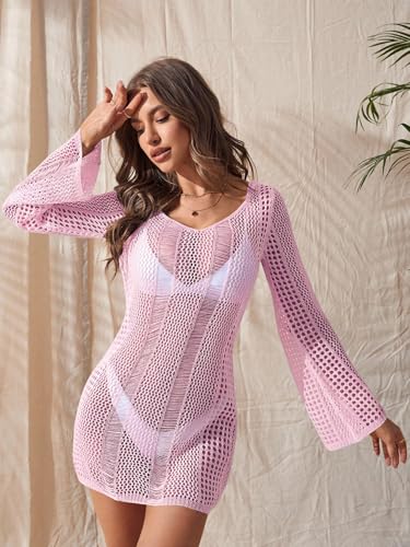 Image of Floerns Women's Crochet Cover Up Long Sleeve Hollow Out Bikini Swimsuit Beach Cover Up Swimwear