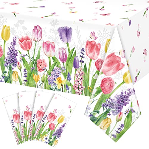 4 Pack Spring Summer Lavender Tulip Plastic Tablecloth, Blooming Floral Disposable Table Cloth, Watercolor Seasonal Holiday Table Cover for Easter Picnic Spring Summer Party Decorations, 54 x 108 Inch