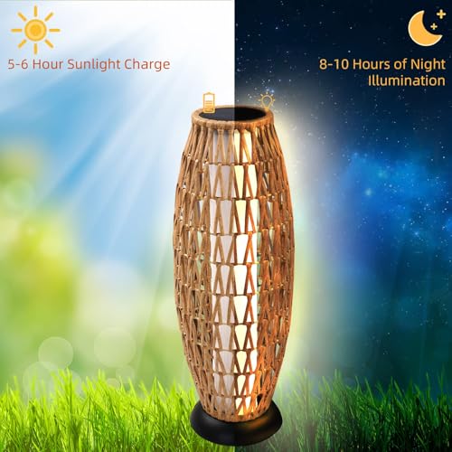Solar Yard 2-Pack 29" Outdoor Solar-Powered Woven Wicker Boho Lantern Floor Lamp, Decoration for Deck Garden, Pathway, Oslo Natural