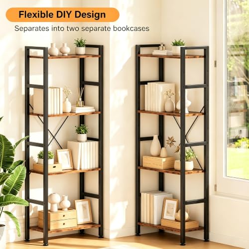 Image of HealSmart Triple Column 4 Tier Bookshelf, Industrial Bookcase with 11 Open Display Adjustable Shelves, Wide Convertible Display Modern Bookshelf for Living Room & Home Office, Brown