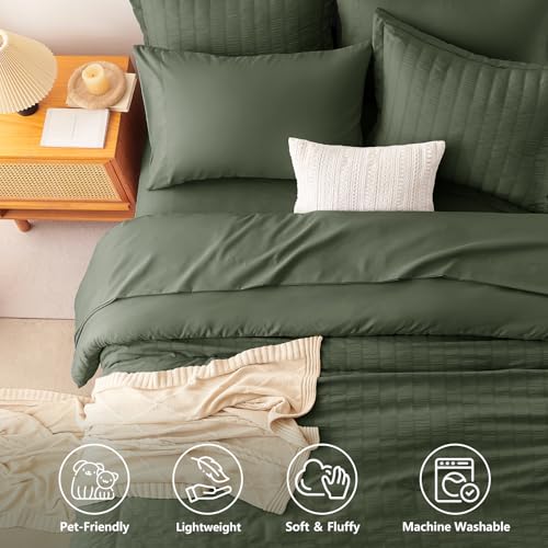 Image of CozyLux Full Size Comforter Sets Dark Green, 7 Pieces Seersucker Textured Luxury Bed in a Bag, All-Season Bedding Sets with Down Alternative Comforter, Sheets, Pillowcases & Shams, Bedroom Bed Set