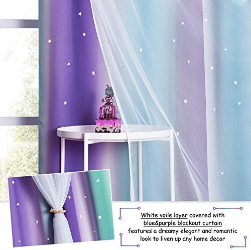 NICETOWN Kids Curtains with Voile - Stars Blackout Curtains for Bedroom Colourful Double Layer Star Cut Out Stripe Window Curtains, 1 Pair, 52 inch x 54 inch Drop, Purple Blue