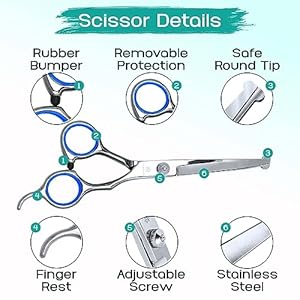 Professional Pet Grooming Kit – 6 in 1 Dog Grooming Scissor Kit – Dog & Cat Grooming Supplies – Adjustable Screw Scissors, 4CR Stainless Steel Dog Clippers, Hair Thinning Shears, Rubber Grips…