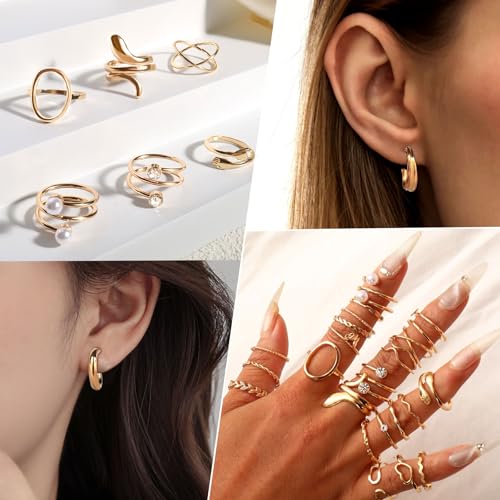 CHICUTIE Gold Jewelry Set For Women,14k Gold Plated Multi Layer Necklaces Bracelets Hoop Earrings Set Stackable Knuckle Rings, Trendy Elegance Charms Non Tarnish Minimalist Textured Boho Jewelry Gift4