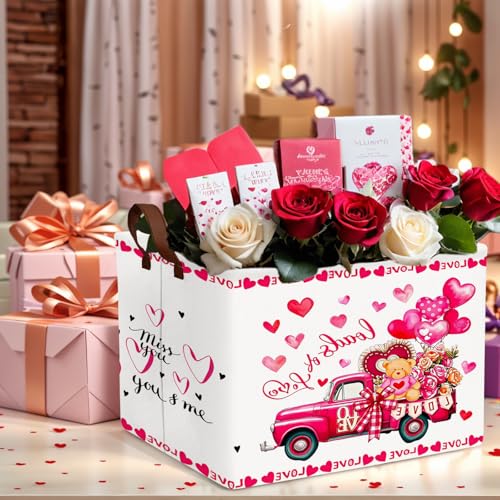 Image of Cute Large Valentine's Day Gift Basket Empty Heart Decor Storage Bin for Kid Baby Room Decor (Rose Red Truck Bear)