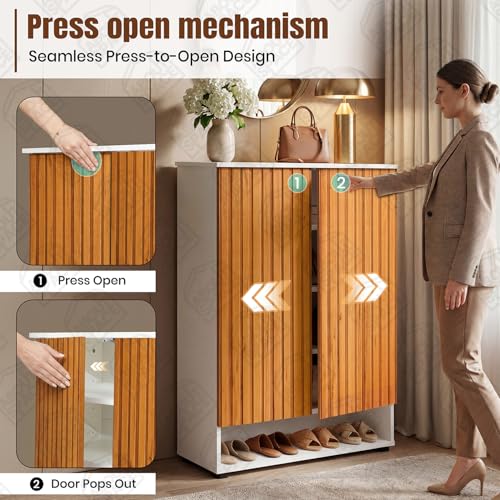 Image of ABOUT SPACE Shoe Cabinet - 7 Tier Shoe Rack with Door & Open Bottom Storage|Press Open 2 Door Engineered Wood Shoes Stand for Home | Smooth Non-Fluted-Effect Adjustable Shelf 18-21 Pair |White & Teak