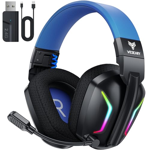 WESEARY WG1 Cascos Gaming Inalambricos, Auriculares Gaming Inalambricos para PS5, PS4, PC, Switch, Sonido Estéreo Auriculares Gaming con Microfono, Cascos con Luz LED, Duración 50Hr+