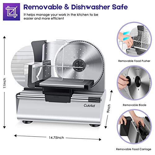 CukAid Electric Meat Slicer Machine, Deli Cheese Bread Food Slicer, Dishwasher Safe, Removable Stainless Steel Blade & Food Carriage and Pusher, 7/8 Inch Adjustable Thickness,180W - Thumbnail 4