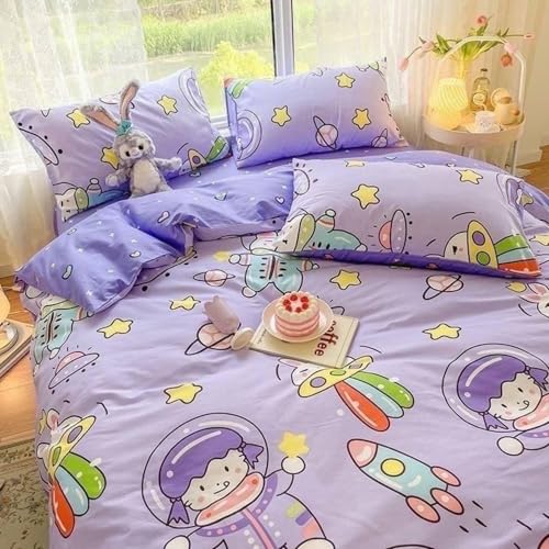 Image of Famyo Kids King Size 5-Piece Bedding Set, Astronaut Space | 250 TC Fitted Bedsheet, Comforter, Comforter Cover & 2 Pillow Covers, 72 x 78 in, Purple Space Design