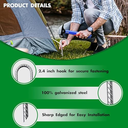 Image of Eurmax USA 4 Pack Rebar J-Shape Groud Stakes, Heavy Duty Ground Anchors, Windproof Anti-Flip Metal Tent Pegs for Trampoline,Soccer Goals, Fences and Outdoor Playsets